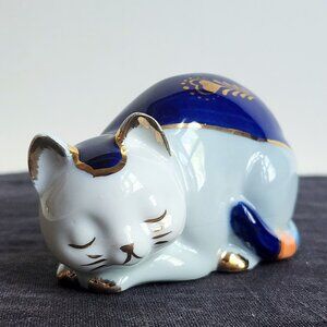 Vintage Handpainted Porcelain Sleeping Cat Figurine Cobalt Blue & Gold Accent
